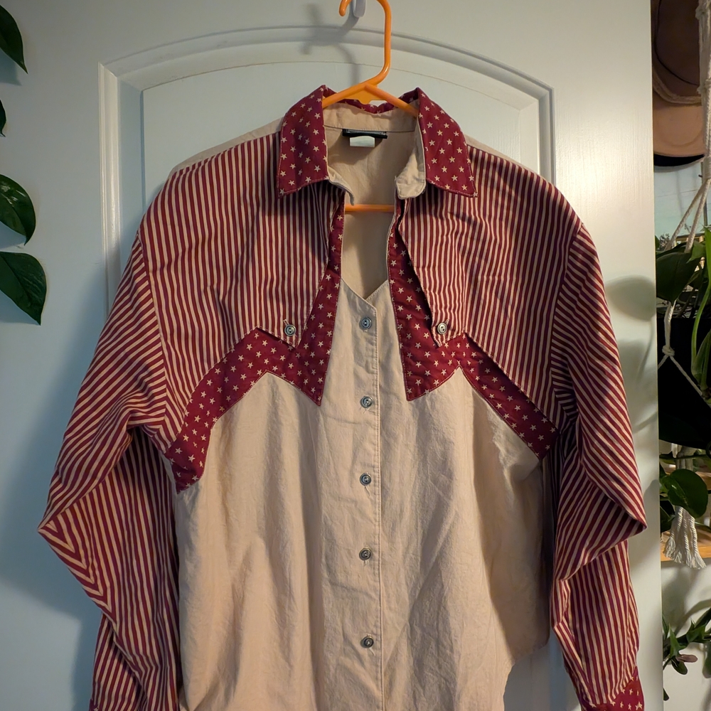 Women's Red and Cream Button Down Shirt